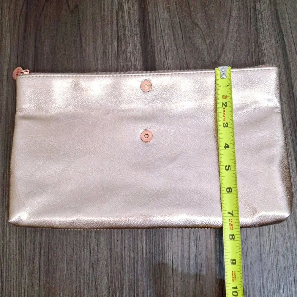CHI Rose Gold Metallic Makeup Bag Zipper Clutch Travel Pouch Fold Over Rose Gold